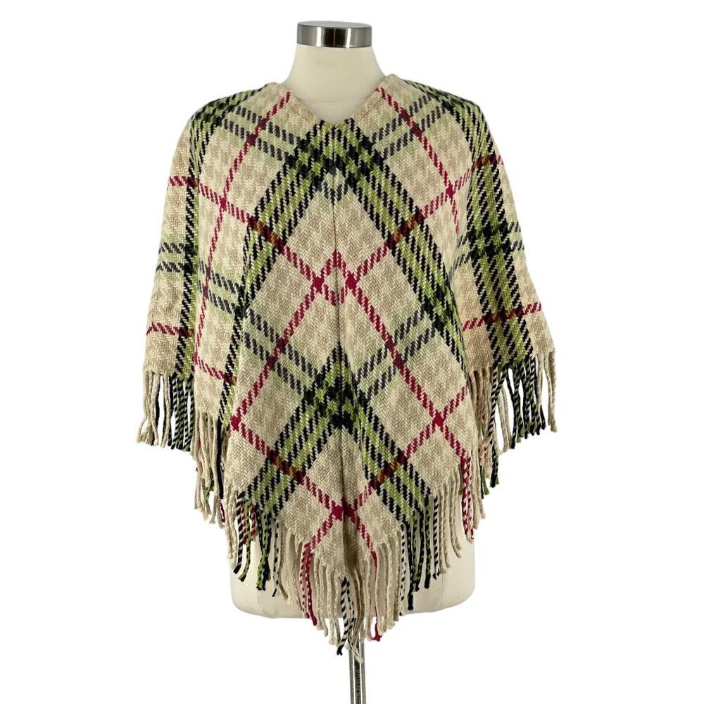 Burberry London V-Neck Fringed Poncho Cream Houndstooth Check Wool Cashmere OS
